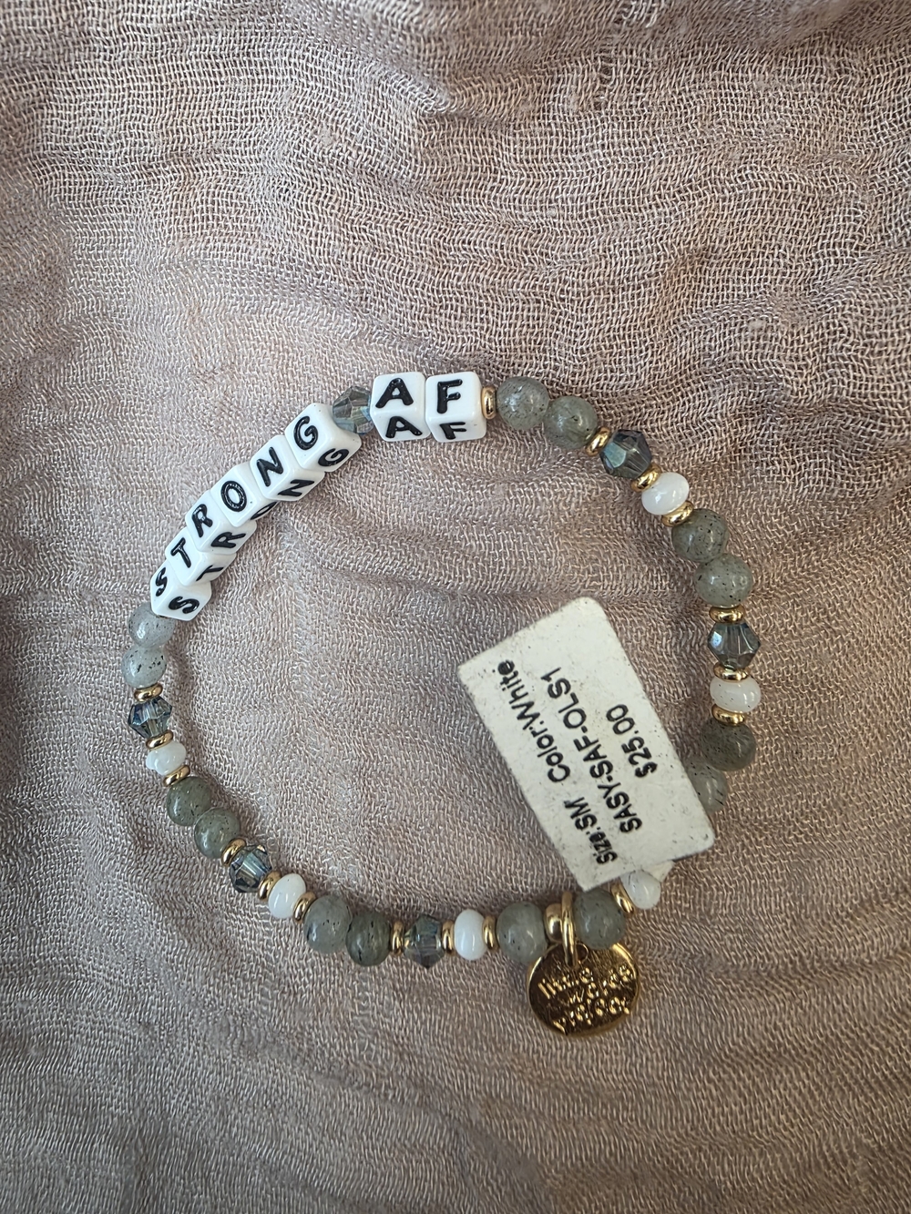 Strong AF Gray Beaded Stretch Bracelet with Gold Disc Charm